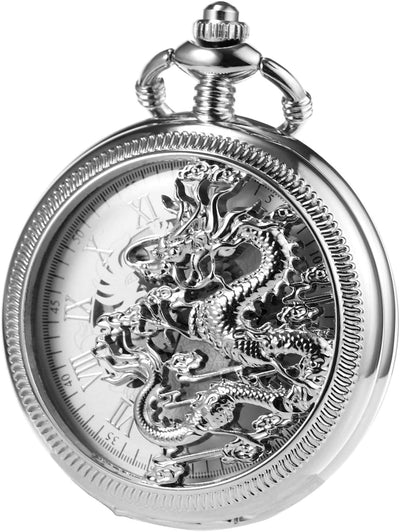 TREEWETO Mechanische Taschenuhr für Herren, Motiv: Drachen, hohl, Jäger, mit Kette und Box Silber, S