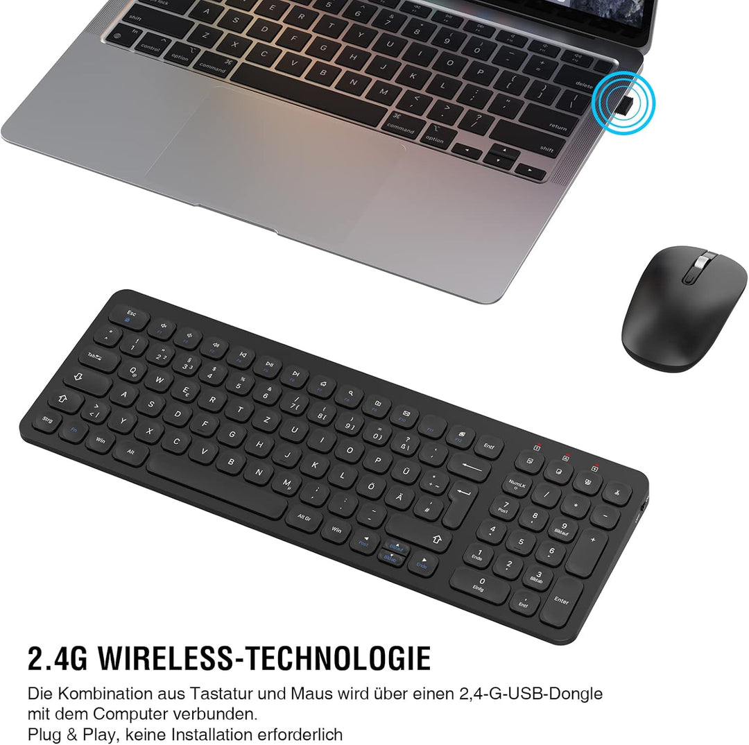 cimetech Tastatur Maus Set Kabellos, 2.4G Ultraslim Kabellose Tastatur mit Funkmaus, QWERTZ Deutsche