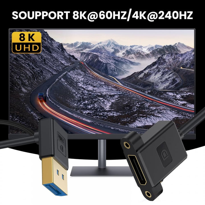 CY Cable Ultrafein nach unten abgewinkeltes DisplayPort 1.4 DP-Verlängerungskabel, Stecker auf Buchs