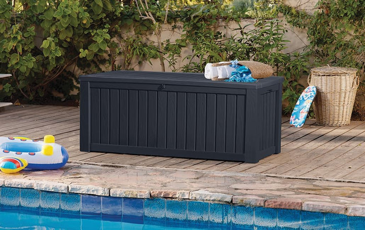 Keter Kissenbox Rockwood, graphit, 570l Fassungsvermögen, Aussenmasse: 155 x 72,4 x 64,4 cm, Auflage