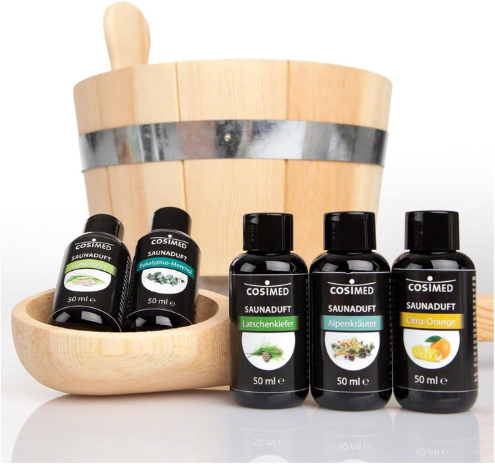 Sport-Tec Sauna Starter-Set 9-TLG., Aufgusskübel + Schöpfkelle + 6 versch. Saunadüfte á 50 ml