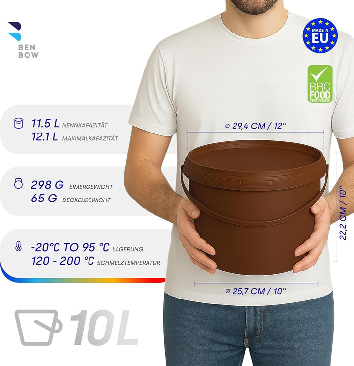 BenBow Eimer mit Deckel 10l Braun 50x 10 Liter - lebensmittelecht, stabil, luftdicht, auslaufsicher,