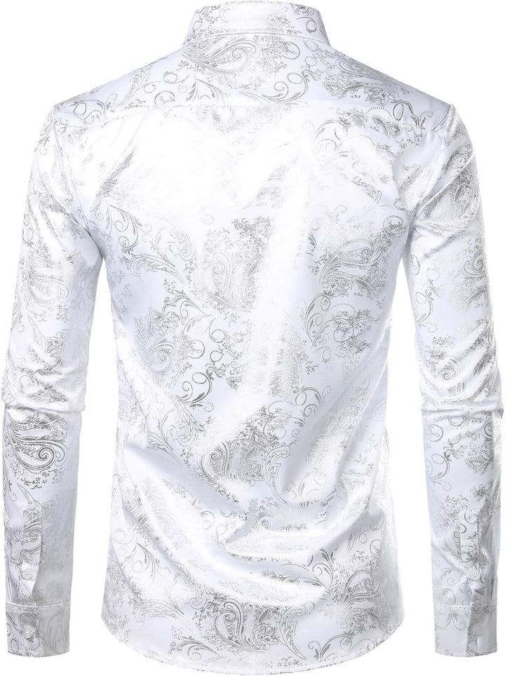 PARKLEES Herren Luxus Paisley Gemustert Golden Glänzend Slim Fit Freizeithemd S Weiss Silber, S Weis
