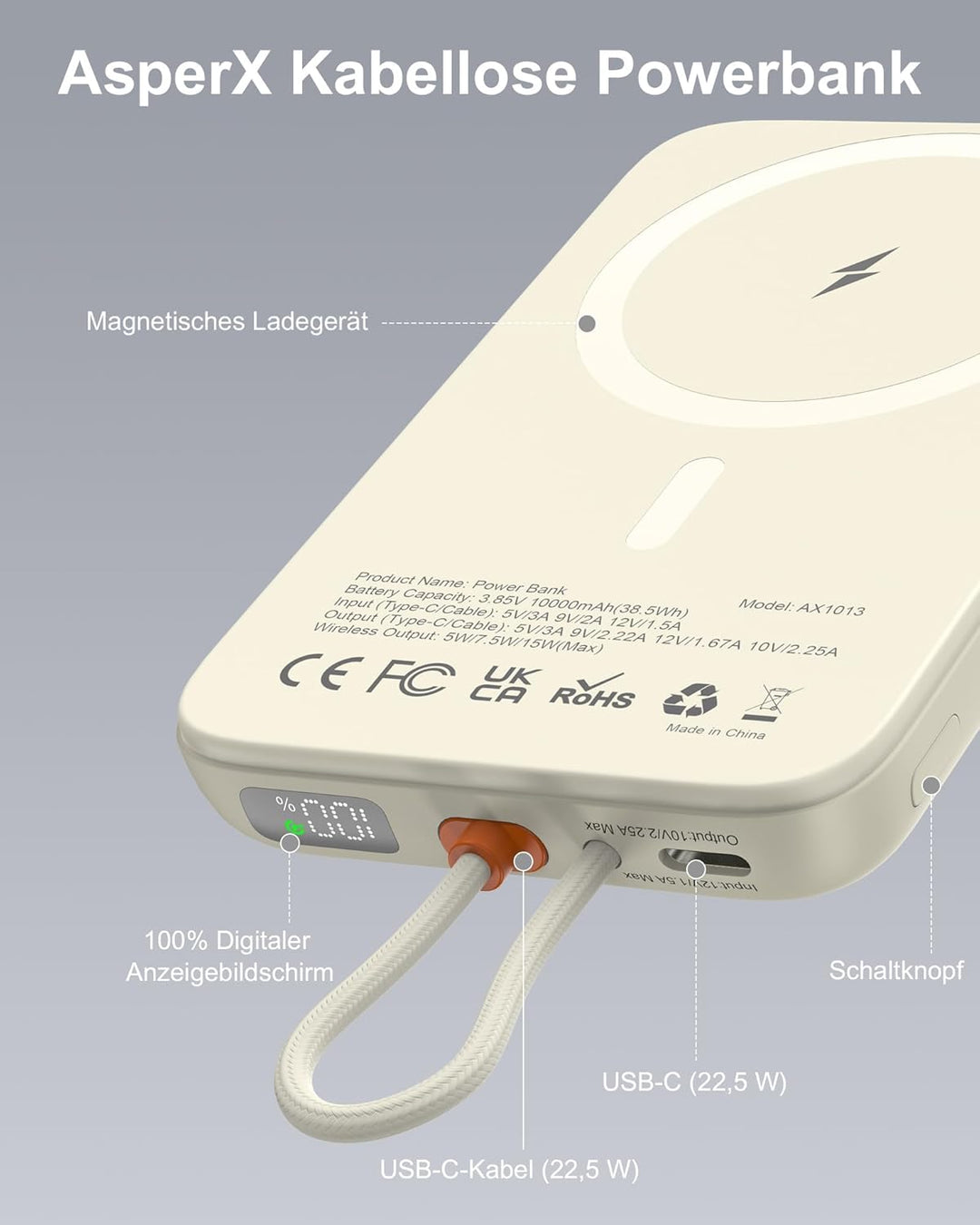 AsperX Magnetische Powerbank für MagSafe,10000mAh Power Bank 22.5W PD USB-C Kabel Schnellladen,Kabel