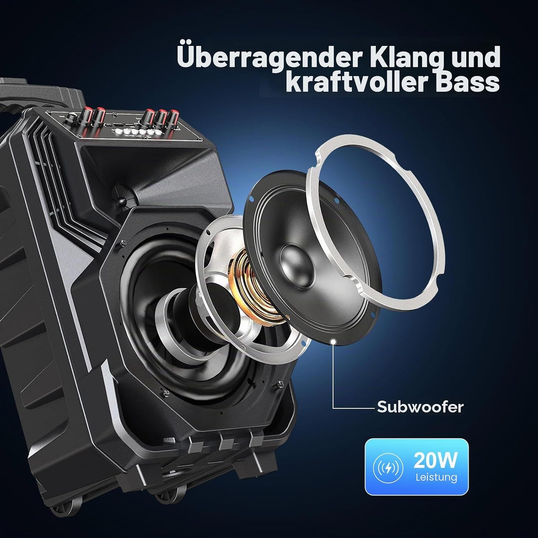 Karaoke-Maschine mit 2 drahtlosen Mikrofonen, rollenden Rädern und Trolley - 8800mAh tragbarer Bluet