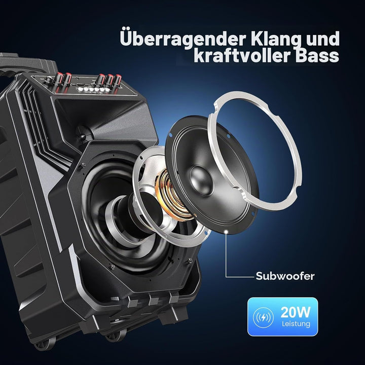 Karaoke-Maschine mit 2 drahtlosen Mikrofonen, rollenden Rädern und Trolley - 8800mAh tragbarer Bluet