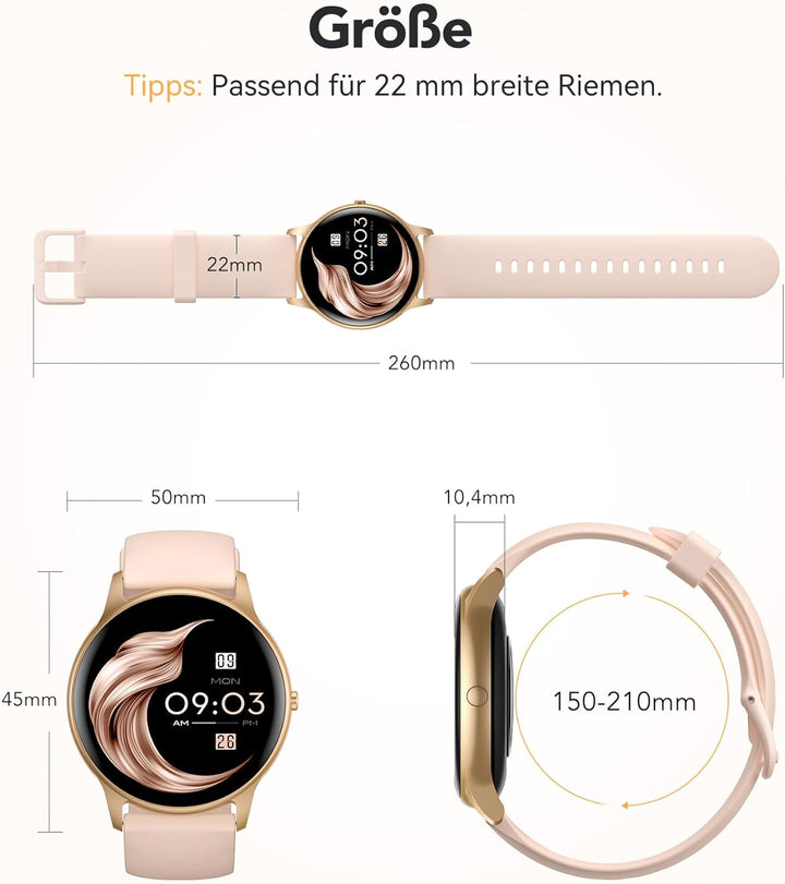 AGPTEK Smartwatch, 1,3 Zoll runde Armbanduhr mit personalisiertem Bildschirm, Musiksteuerung, Herzfr