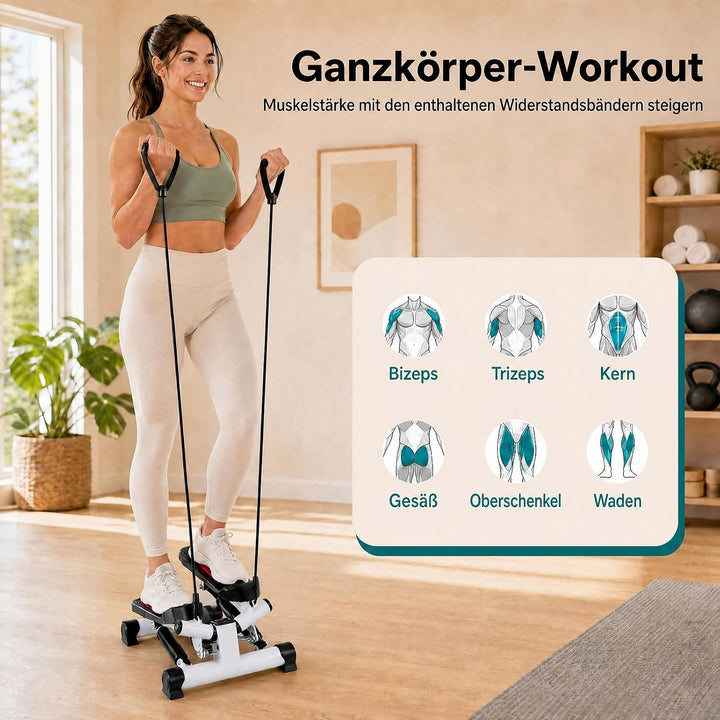 GYMAX Mini-Stepper mit Power Ropes, Stepper für Zuhause Weiss+Rot, Weiss+Rot