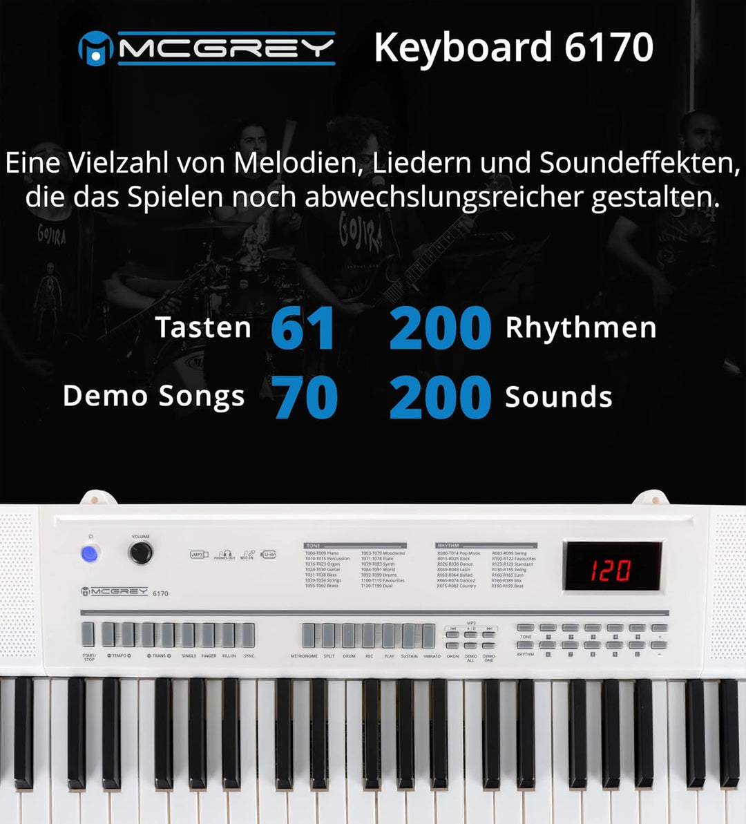 McGrey 6170 WH Akku-Keyboard - 61 Tasten-Keyboard mit integriertem Akku - 200 Klänge und Rhythmen -