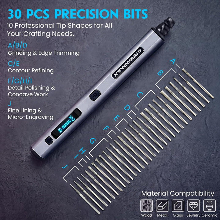 ARROWMAX 5 Gänge Mini Multifunktionswerkzeuge mit OLED, 30000 U/min | Gravierstift mit 30 Bits für M