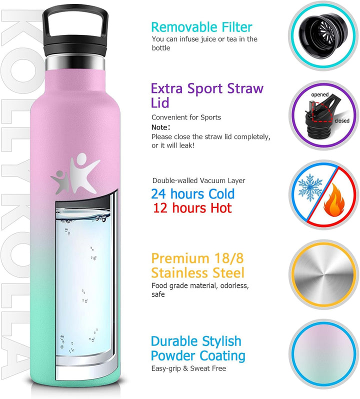 KollyKolla Thermoskanne 750ml, Thermosflasche mit Strohhalm, Kohlensäure Geeignet, Vakuum Edelstahl