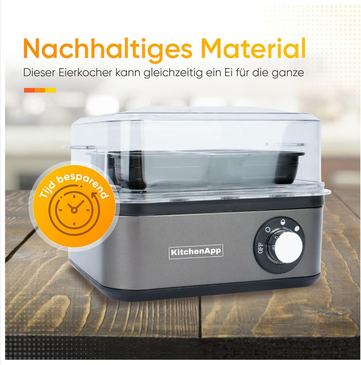 Eierkocher Edelstahl für 1 bis 8 Eier mit elektronischer Kochzeitüberwachung, inkl. Messbecher mit E