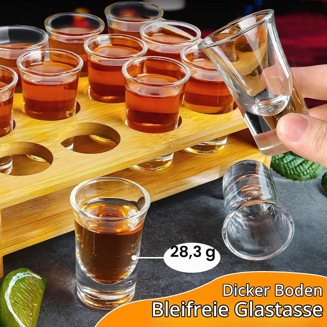 Schnapsglas-Set Mit Tablett - 12 Stück 30ml Gläser, Brett, Halter - Gerade, Dicke Basis, Klares Glas