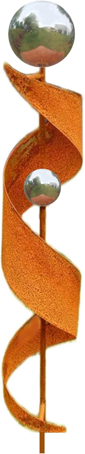 Gartendeko Rost Eisen Stab mit 2 Edelstahlkugeln Glanz Gartenstatuen