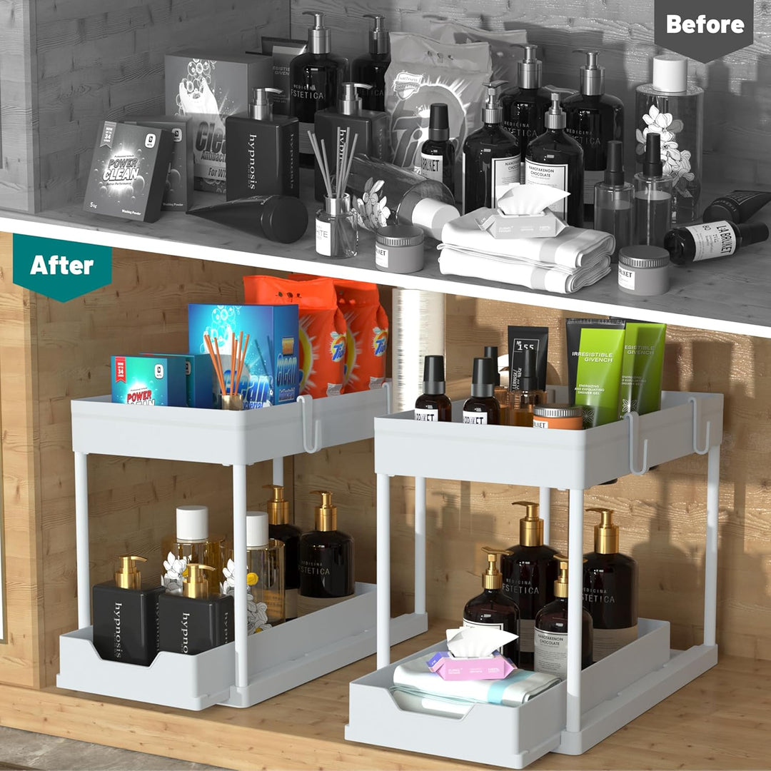 DEKAVA Küchen Organizer, 2 Unter Waschbecken Regal, Schrank Küchenorganizer mit 4 Haken, Schrankkorb
