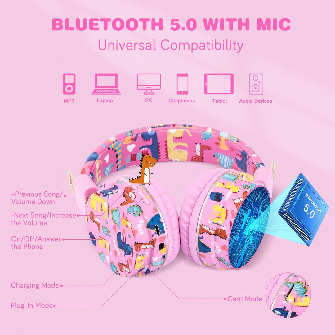 JYPS Bluetooth Kopfhörer Kinder, Dinosaurier Kopfhörer Kabellos Kinder mit Kabel und Mikrofon, Kids
