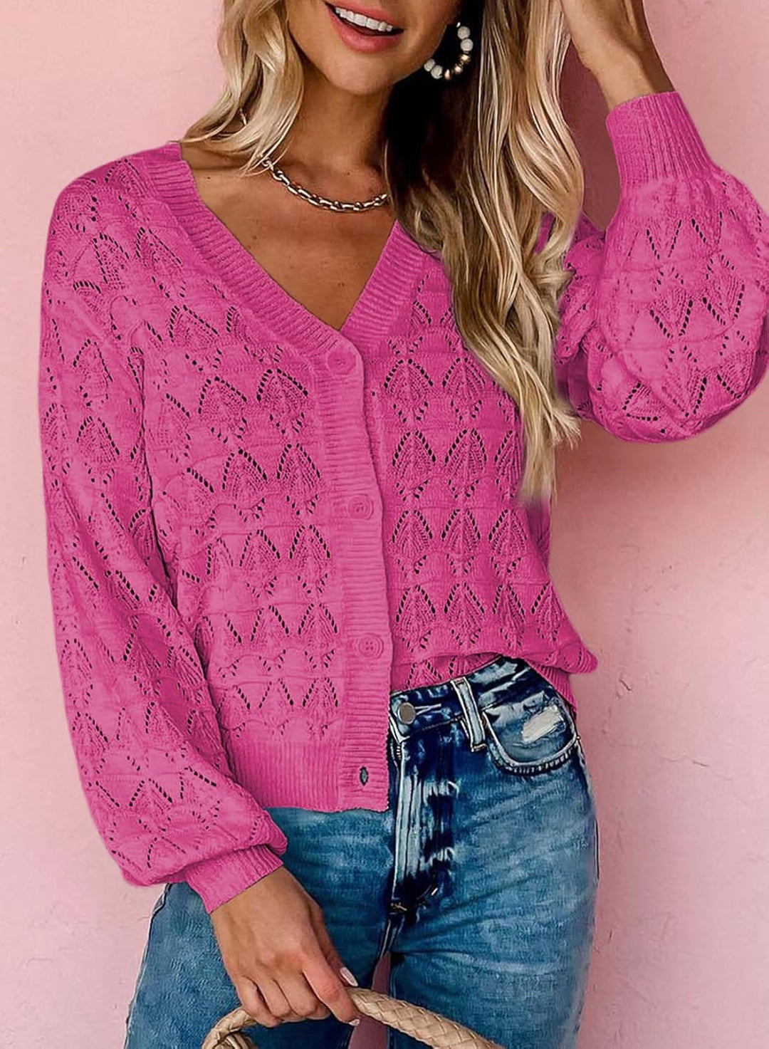 Dokotoo Damen Strickjacke V-Ausschnitt Kurzer Cardigan Elegant Langarm Leichter Strickpullover mit K