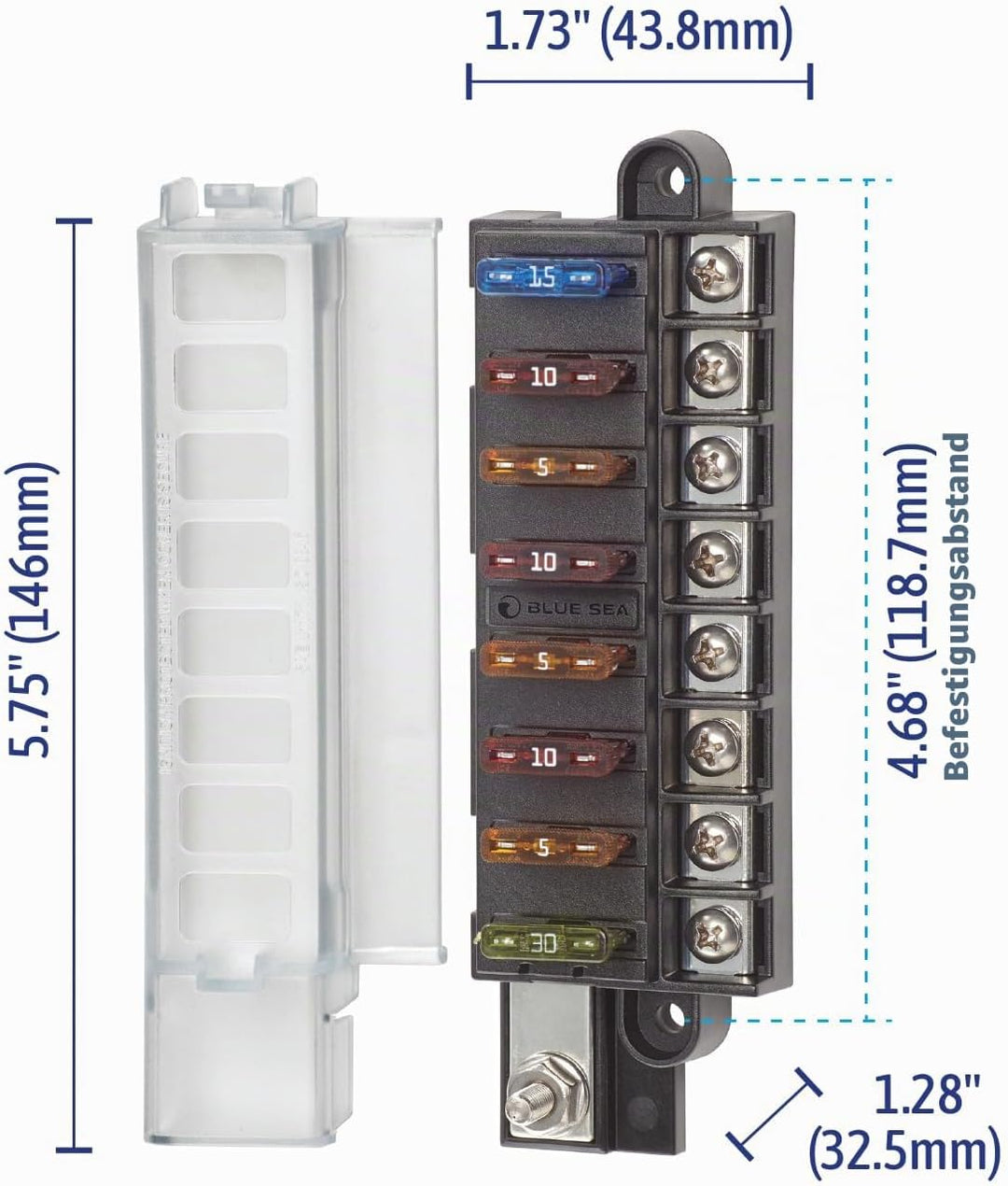 Blue Sea Systems ST Flachsicherungsblock 8 Schaltkreise mit Abdeckung, 8 Schaltkreise mit Abdeckung