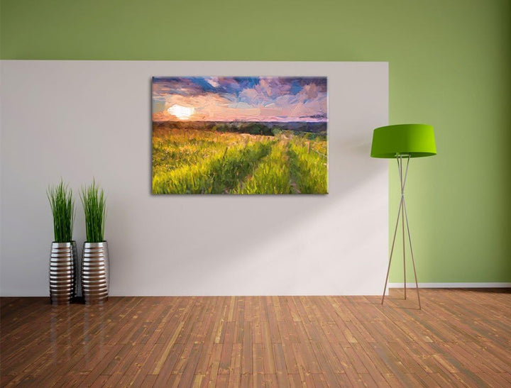 Pixxprint Bergwiese im Sonnenaufgang als Leinwandbild/Grösse: 100x70 cm/Wandbild/Kunstdruck/fertig b