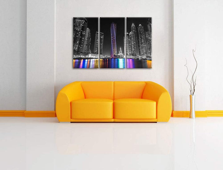 Pixxprint Skyline von Dubai bei Nacht als Leinwandbild | Grösse: 3 Teilig (120x80) | Wandbild| Kunst