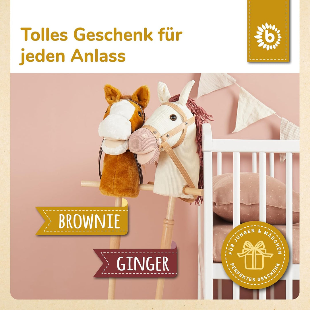 Bieco Steckenpferd Kinder Brownie | ca. 100 cm | Top Qualität | Holzpferd Draussen & Drinnen | Plüsc