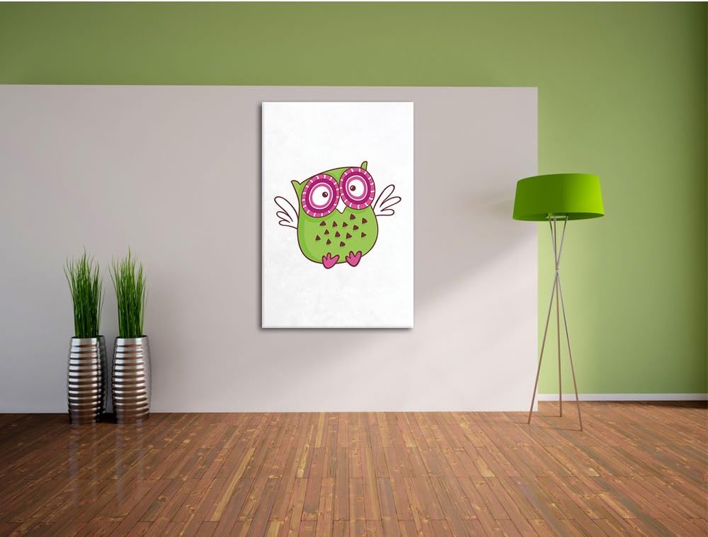 Pixxprint Lustige grüne Eule fliegend weiss, Format: 70x100 auf hochkantiges Leinwandbild, XXL riesi