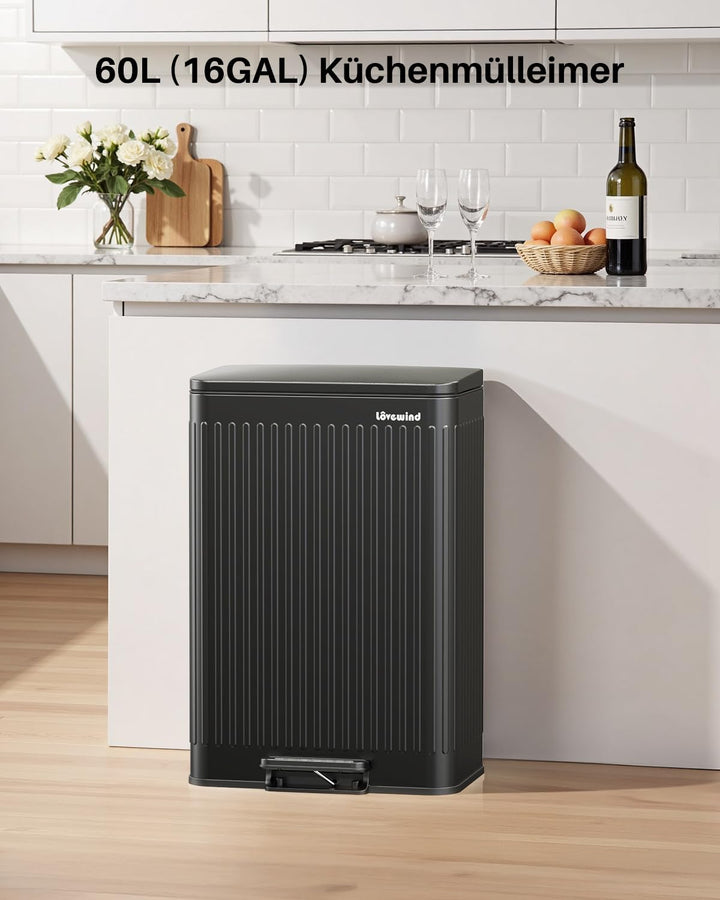 lovewind 60L Mülleimer Küche Edelstahl Schwarz, Pedal-Behälter mit Soft-Close Deckel, 2 herausnehmba