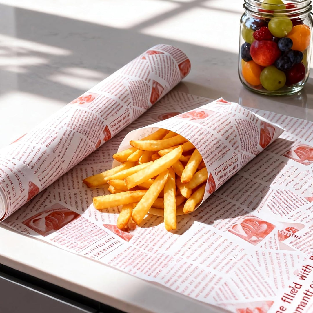 300 Stück Deli Papierblätter 38 x 28cm, Bedrucktes Backpapier Zuschnitte Zeitungsoptik, Pommes Papie