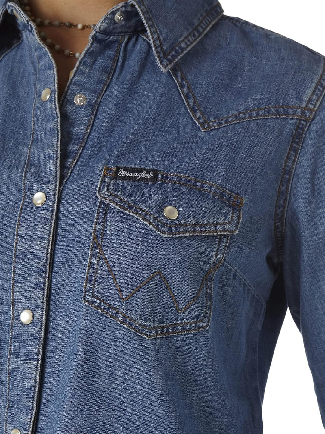 Wrangler, Retro Langarm-Western-Hemd für Damen mit Druckknöpfen, in Mittelblau S Mid-denim, S Mid-de