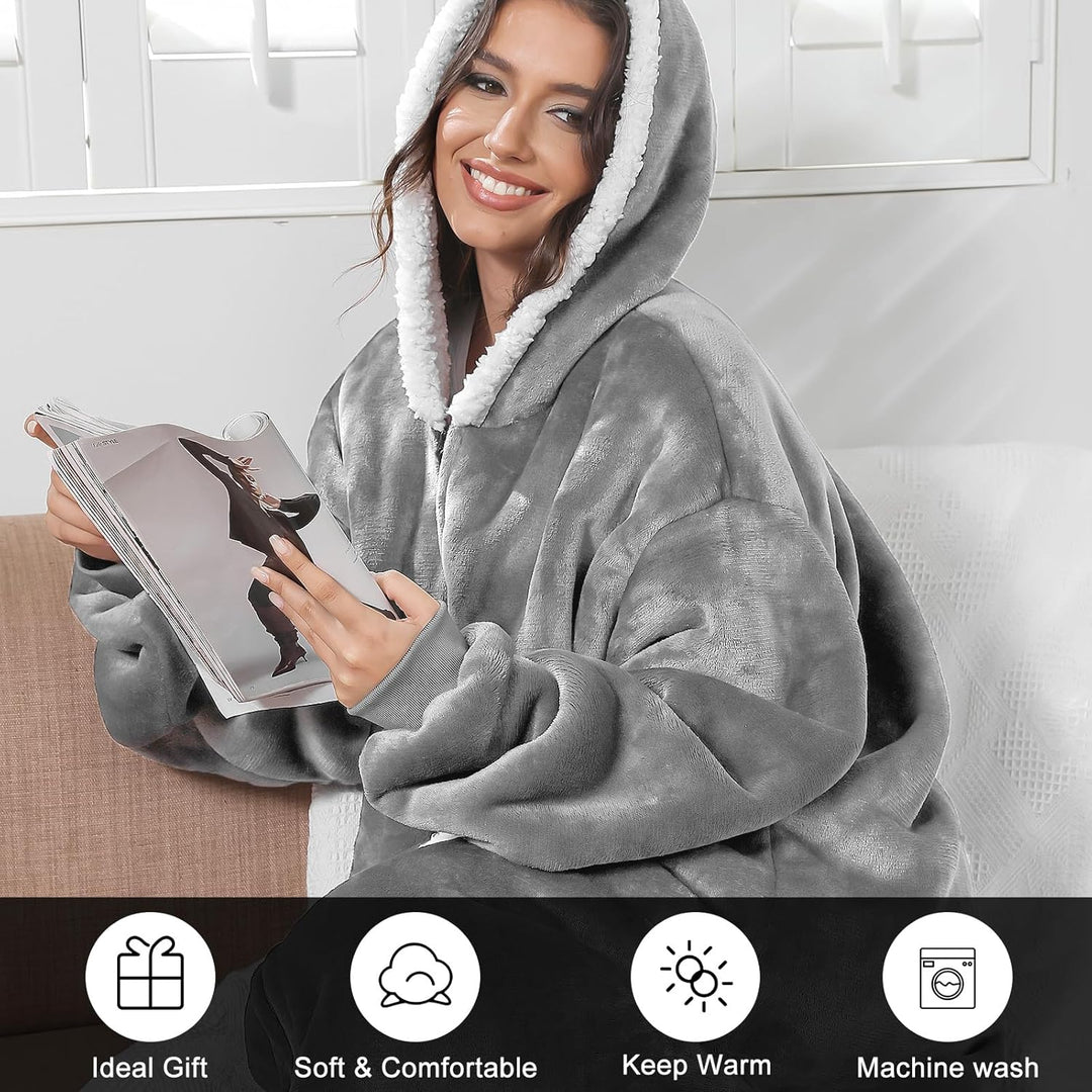FEELJAM Decke mit Ärmeln und Kapuze, Hoodie Decken Pullover Kuscheldecke mit Ärmeln und Reissverschl
