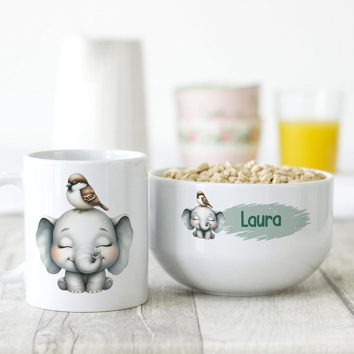 GRAZDesign Frühstückset Tasse mit Müslischale personalisiert für Kinder Elefant Motiv aus Keramik -