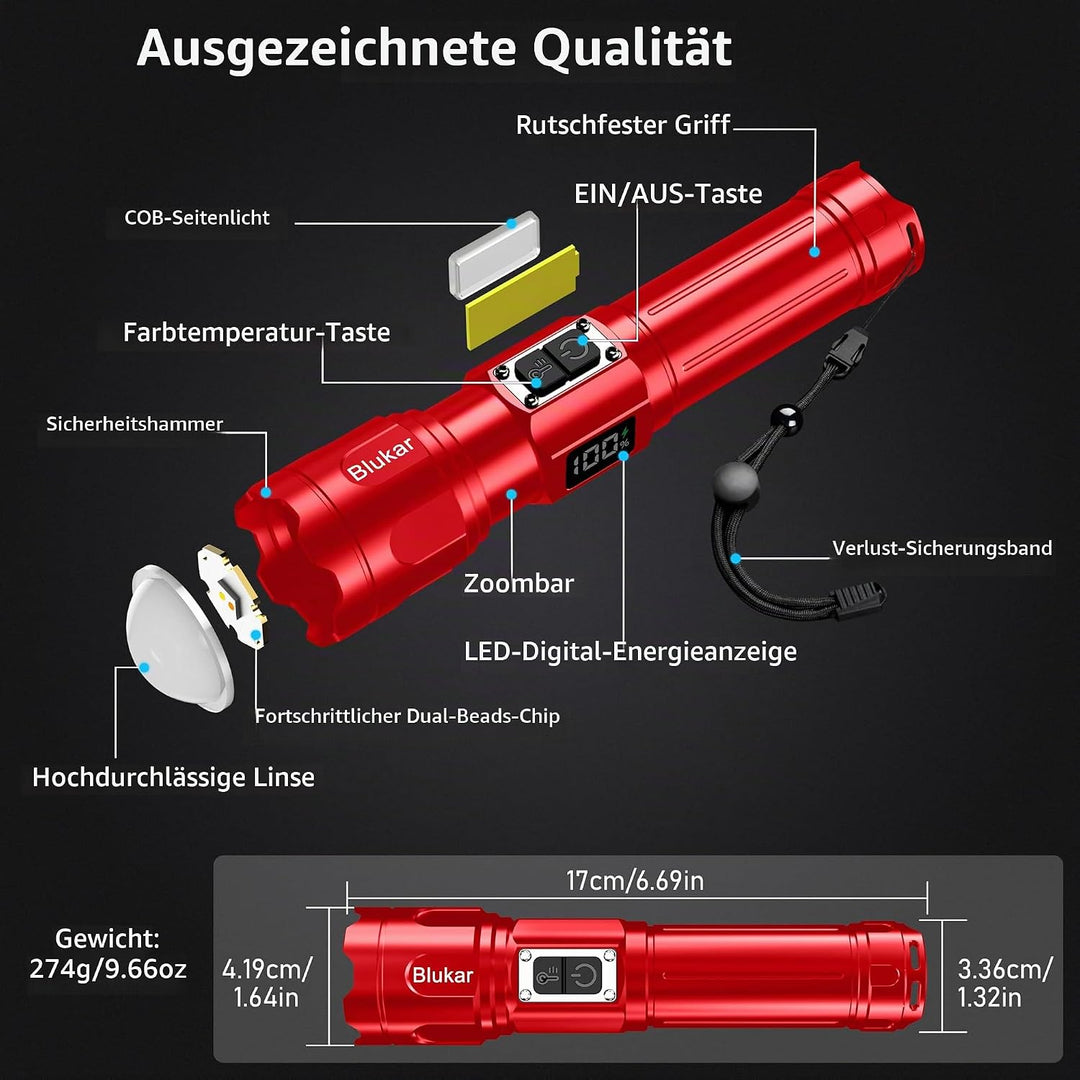 Blukar Taschenlampe LED 2 Farbtemperatur mit Hauptlicht &amp; Seitlich COB-Licht, Aufladbar Extrem Hell