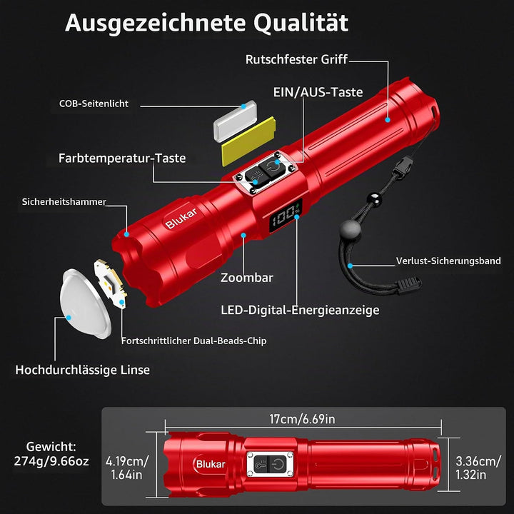 Blukar Taschenlampe LED 2 Farbtemperatur mit Hauptlicht &amp; Seitlich COB-Licht, Aufladbar Extrem Hell
