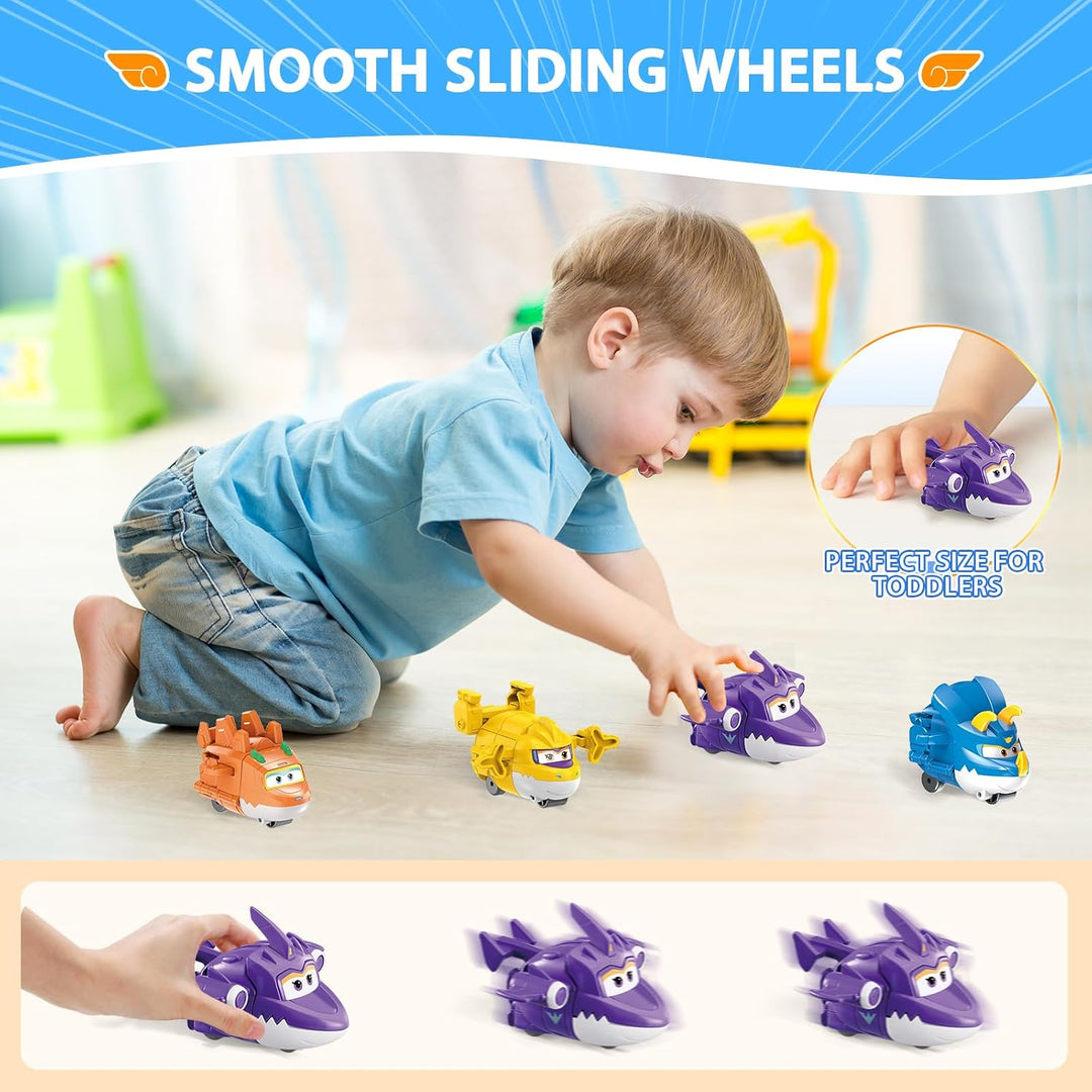 Super Wings Transforming Figuren 4 Pack, 5 cm Sally, Steggo, Trico &amp; Brachy, Roboter zu Flugzeug, Sp