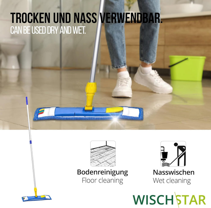 Wisch-Star Wischmopp-Set 50 cm mit Microfaserbezug, Teleskopstiel und Magnetklapphalter, Profi-Quali