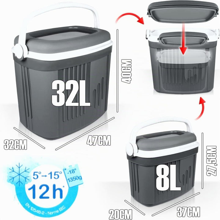 Kühlbox 2er Set 32L + 8L Isolierbox Kühltasche Camping Thermobox Isoliertasche Grau