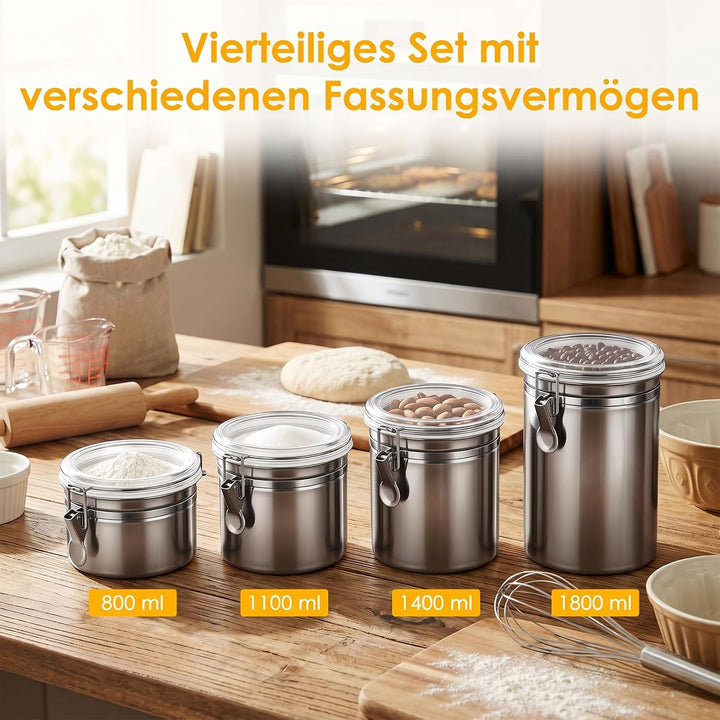 4er Set Edelstahl Kaffeebohnen Behälter mit Deckel für Küche | Kaffeedose luftdicht für 500g/1kg Boh