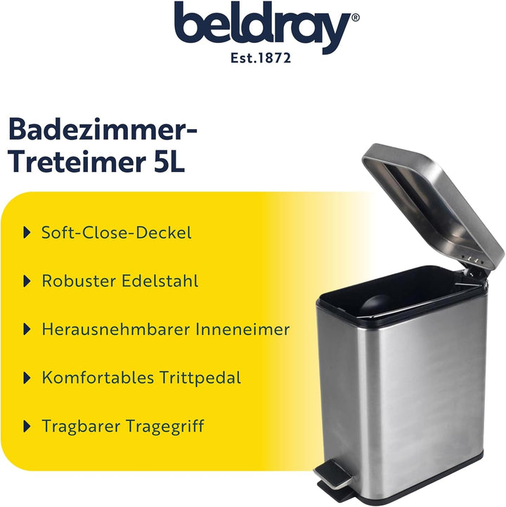 Beldray LA041173SS Treteimer für Badezimmer – Abfalleimer mit rechteckigem Soft-Close-Deckel, Küchen