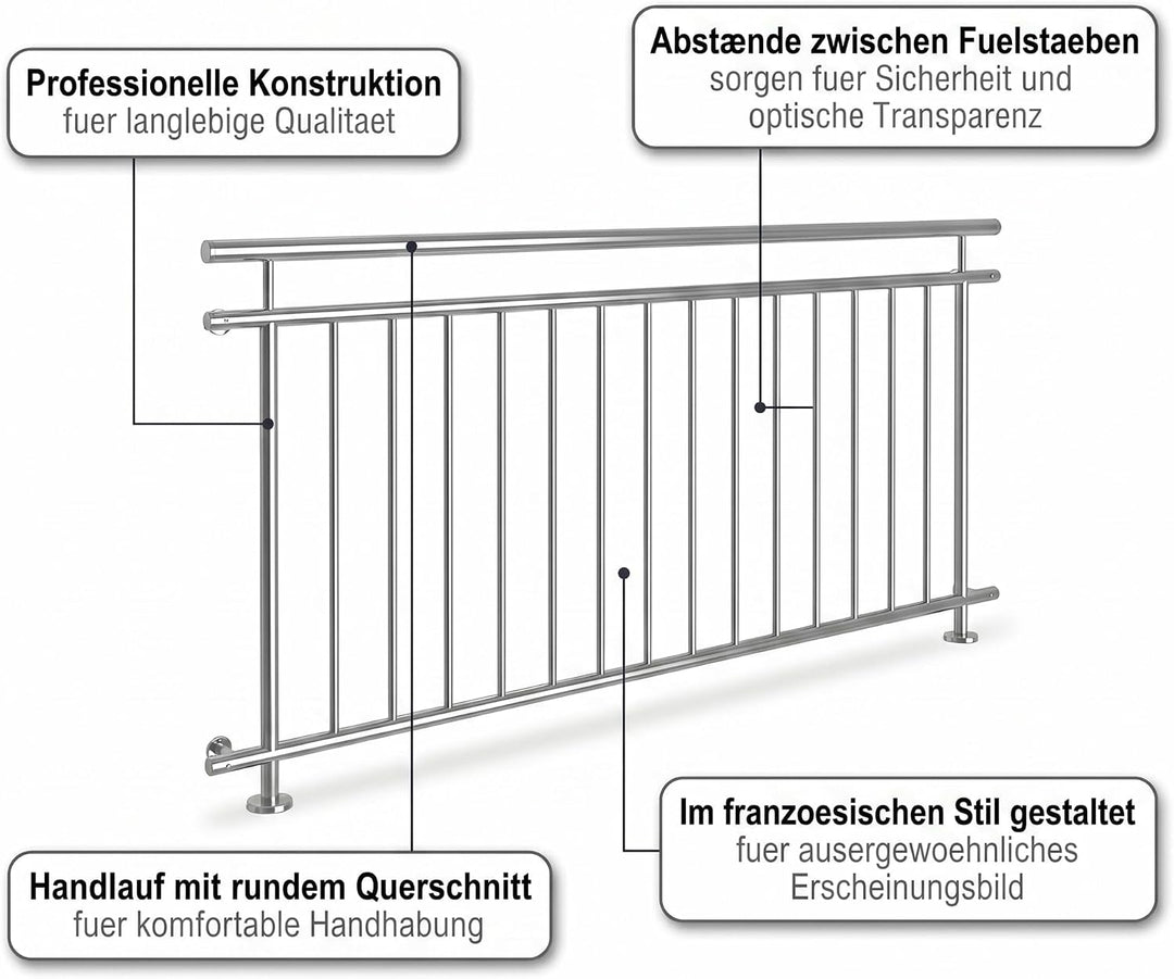 Mucola Edelstahl Balkongeländer 90x225 cm – V2A Brüstungsgeländer mit 16 Füllstäben, Ø 3,8 cm Handla