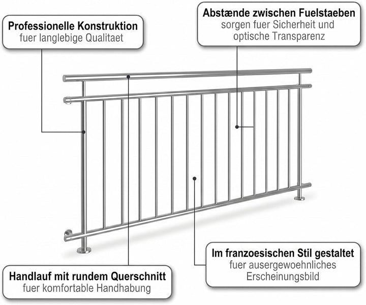 Mucola Edelstahl Balkongeländer 90x225 cm – V2A Brüstungsgeländer mit 16 Füllstäben, Ø 3,8 cm Handla