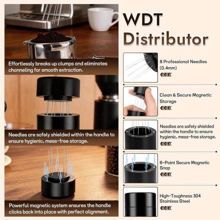 2-in-1 Espresso Tamper 51mm Kaffeeverteiler mit WDT Werkzeug, Einstellbares Espresso Tamper & 8-Nade
