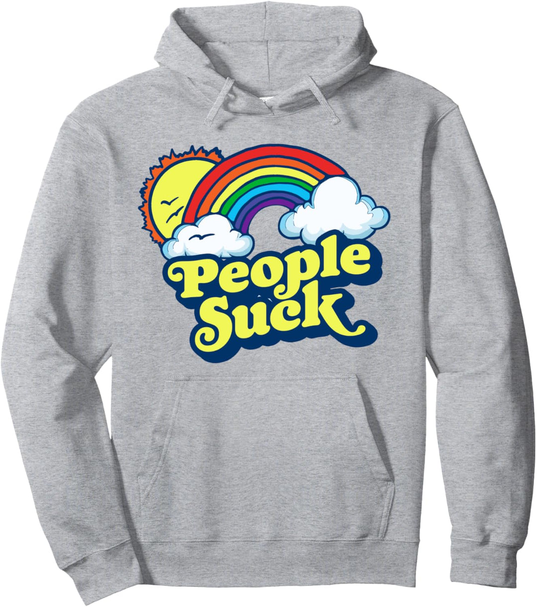 People Suck Funny 80s Clouds & Rainbow Introvert Graphic Pullover Hoodie
