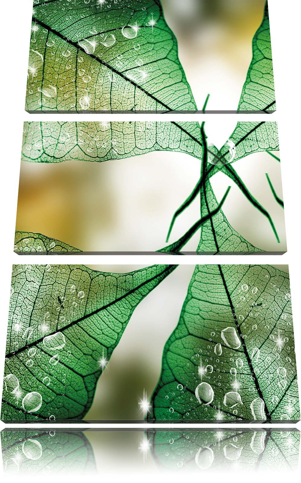 Pixxprint Grüne Blätter / 3-Teilig/Gesamtmass 120cm Leinwandbild bespannt auf Holzrahmen/Wandbild Ku