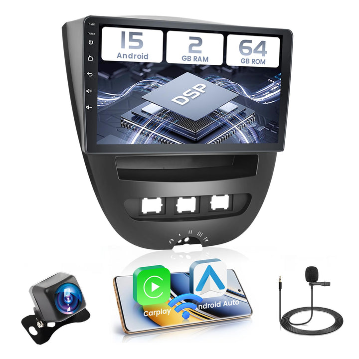 Hikity 2+64GB Android 15 Autoradio für Toyota Aygo/Peugeot 107/Citroen C1 2004-2014 Radio Wireless C