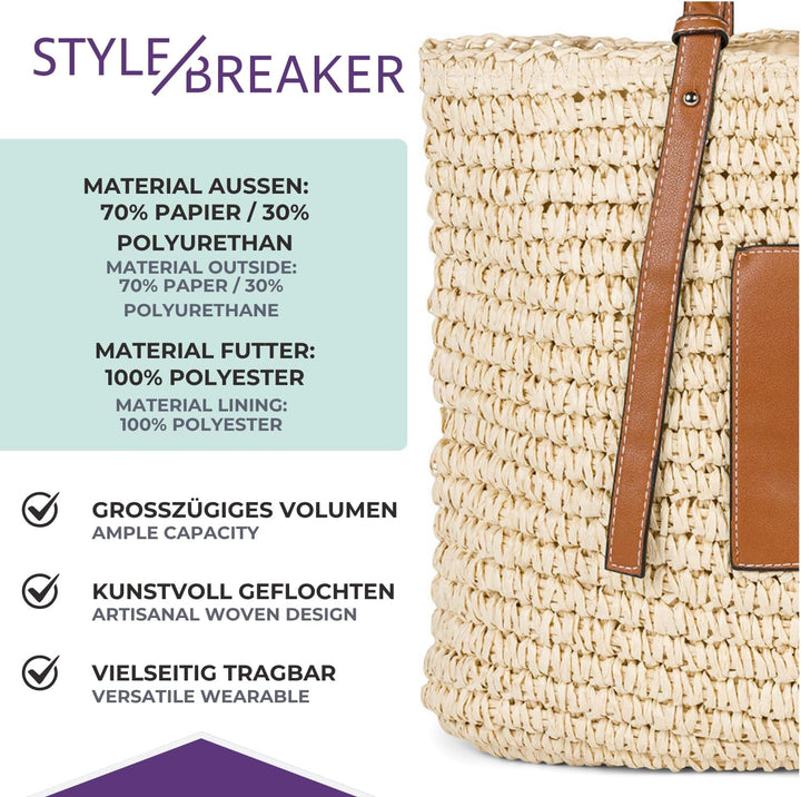 styleBREAKER Damen Korbflecht Schultertasche aus Papierstroh, Strandtasche mit langen Henkeln, Flech