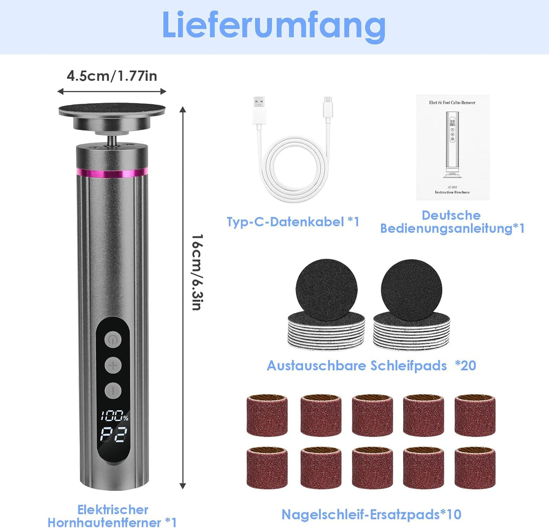 2-in-1 Elektrischer Hornhautentferner mit Nagelfräser, 9 Geschwindigkeiten, LED-Batterieanzeige, Wie