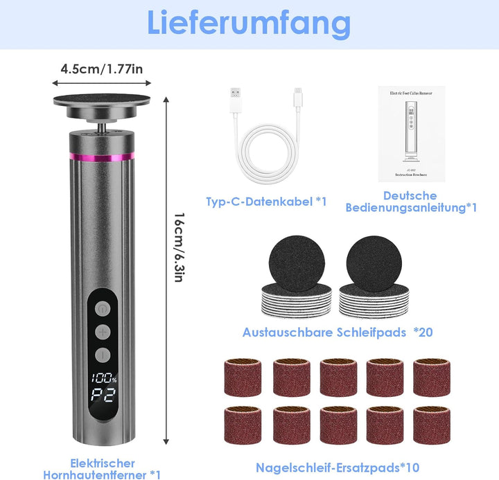 2-in-1 Elektrischer Hornhautentferner mit Nagelfräser, 9 Geschwindigkeiten, LED-Batterieanzeige, Wie