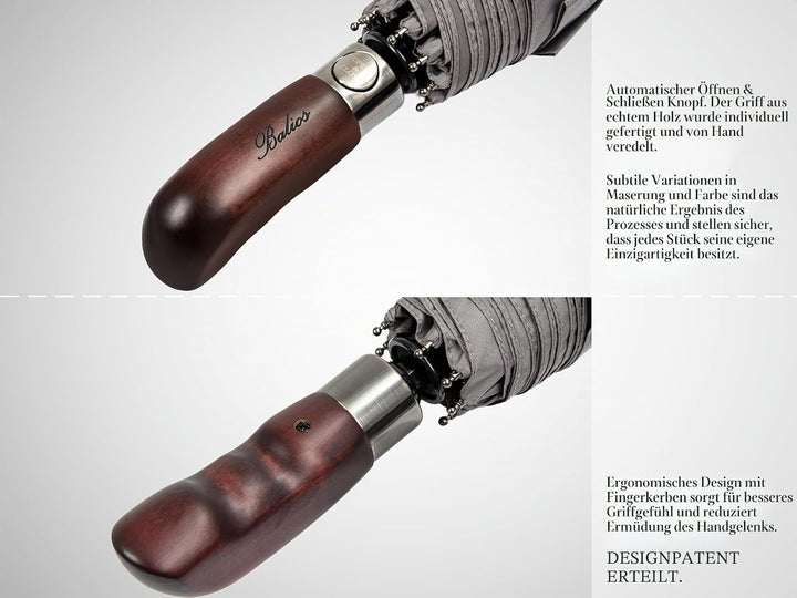 Balios® Regenschirm mit echtem Holzgriff | Auf Zu Automatik | Sturmfest & Windsicher | Damen & Herre