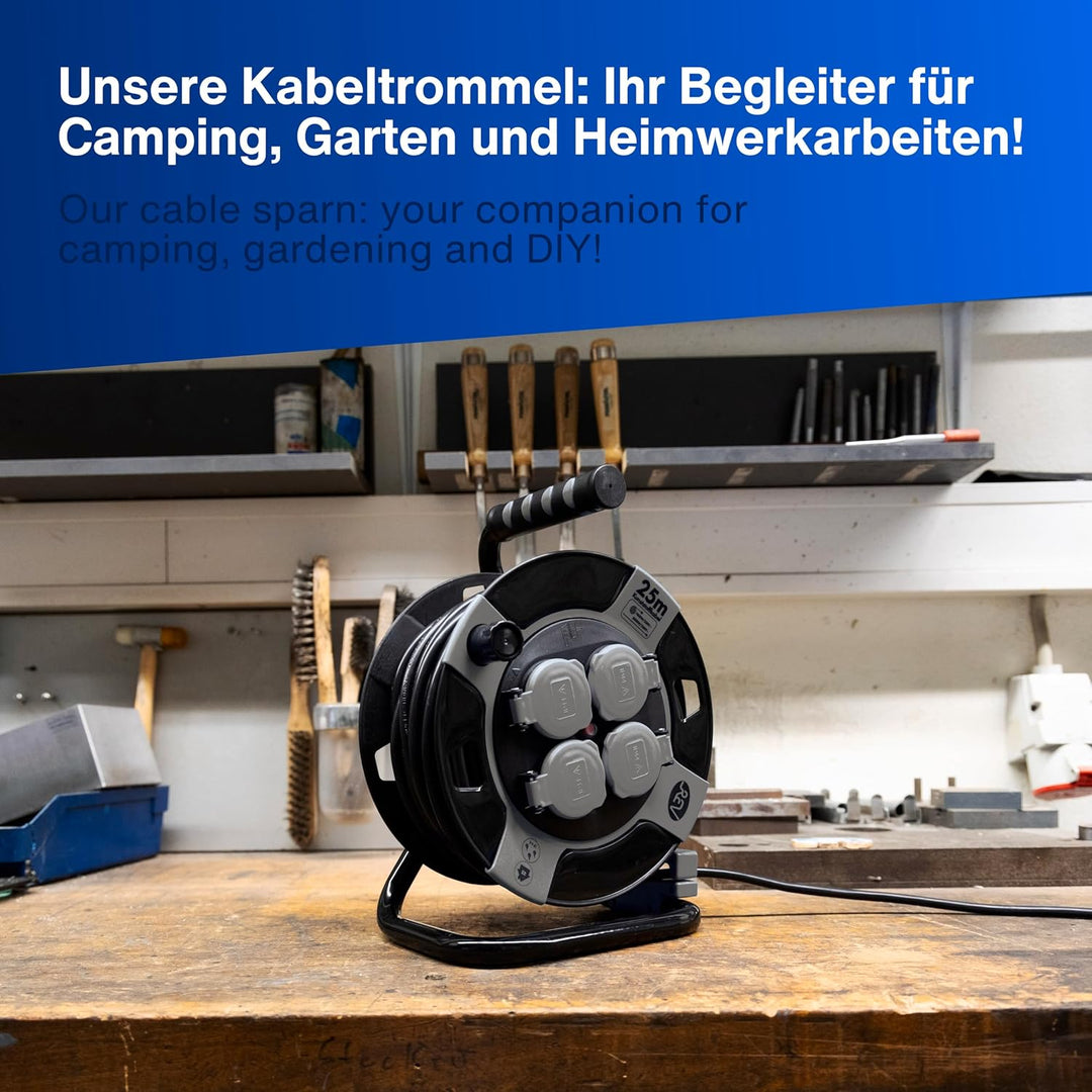 REV Kabeltrommel EX 25m Outdoor Verlängerungskabel aussen IP44, Ideal für Garten und Camping, 4-fach