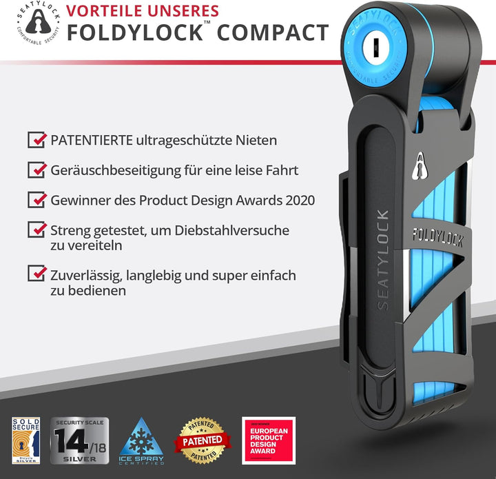 FoldyLock Compact Fahrrad Faltschloss – Patentiertes Testsieger Fahrradschloss mit Schlüssel und Hal